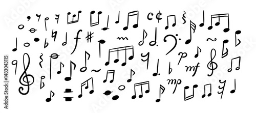 Hand drawn cute line doodle music notes and signs set. Crayon scribble background. Handwriting sketch vector illustration. Melody sound symbols. Whimsical chalk childish pattern