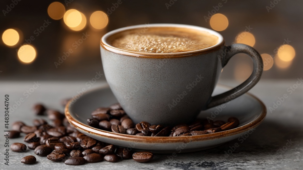 Warm coffee cup amidst roasted beans Warm coffee cup amidst roasted beans