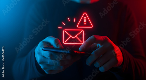 Person Holds Phone Displaying Glowing Email Alert with Red Exclamation Point on Dark Blue and Red Lit Background