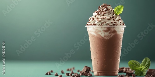 Delicious chocolate milkshake topped with whipped cream and mint on a serene green background