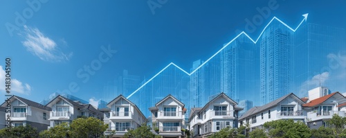 A row of modern houses with a city skyline and an upward graph, representing real estate growth and urban development.