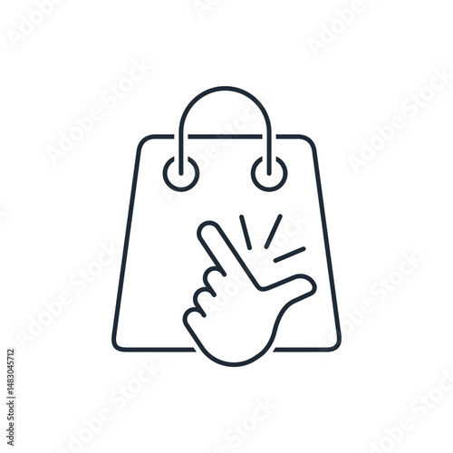 Click and shopping bag. Convenient to buy, sell.Vector linear icon isolated on white background.