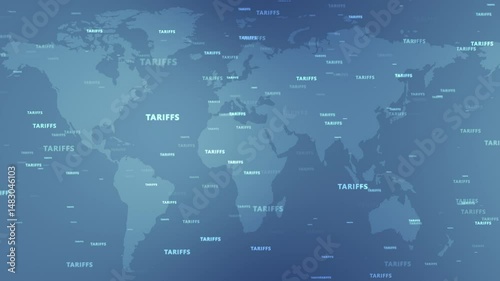 Map and Tariffs Text Loop. World map representation of economic context with a blue background and tariffs text, seamless loop.
