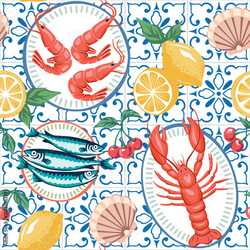 Tropical lobster, shrimp, sardines fish, shell, plates, lemon, cherry fruit pattern, blue Italian tiles background. Summer Italy wallpaper.