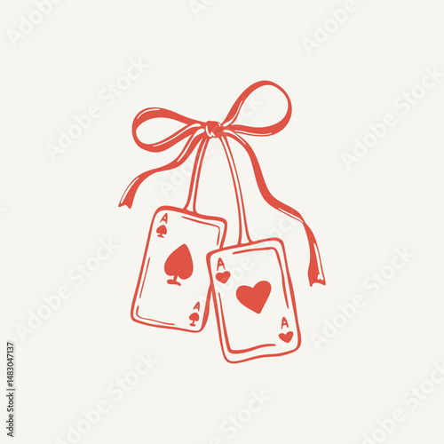 Two playing cards with whimsical bow. Hand drawn vector illustation in coquette girly doodle style. Ace of hearts and spades. Vegas casino, poker, blackjack concept. Card suit