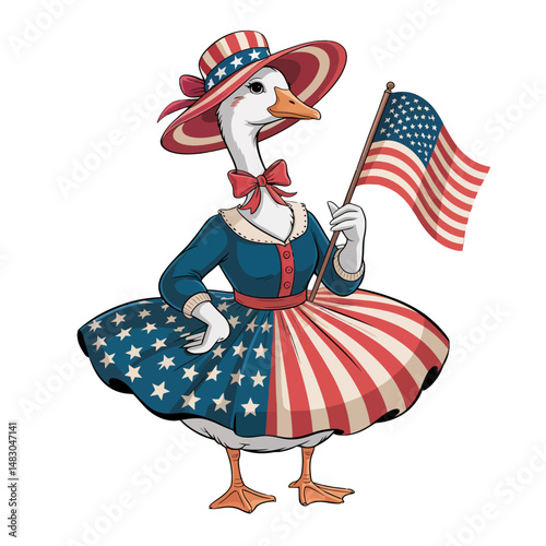 A goose dressed in patriotic attire holds an American flag, showcasing a dress and hat adorned with stars and stripes.