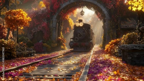 Vintage Train Journey through Enchanted Autumn Foliage Tunnel in Ultra High Definition