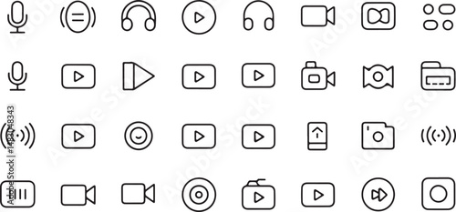 Thin Line Video and Audio Icon Set with Editable Strokes for Seamless Integration into Multimedia and UI Designs