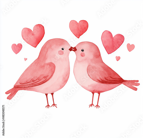 two pink birds kissing with red heart-shaped clipart, on a white background, in a watercolor valentine's day them.,
