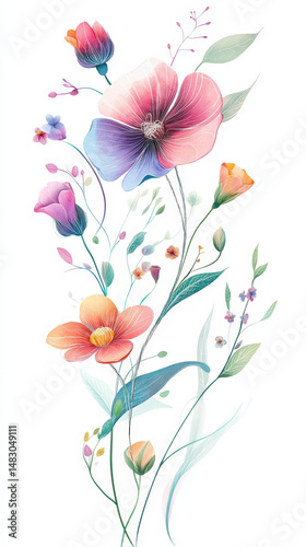 Wallpaper Mural Watercolor Floral Arrangement Design. This vibrant watercolor illustration depicts a delicate arrangement of colorful flowers against a clean white background, suitable for t-shirt prints. Torontodigital.ca