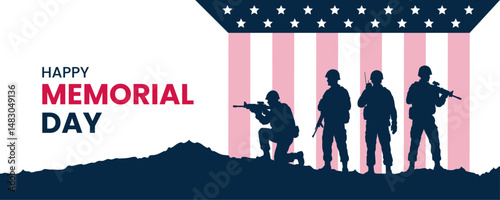 Happy Memorial Day Banner, Silhouetted Soldiers Tribute, American Flag Background