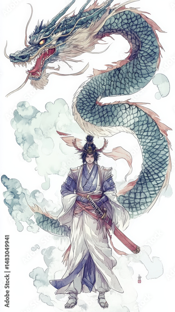 Fototapeta premium Warrior and Dragon Watercolor Illustration. A detailed watercolor illustration featuring a warrior and a majestic dragon in an East Asian style, perfect for t-shirt designs.
