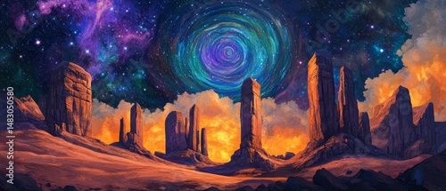 A painting of a desert landscape with a large spiral in the sky