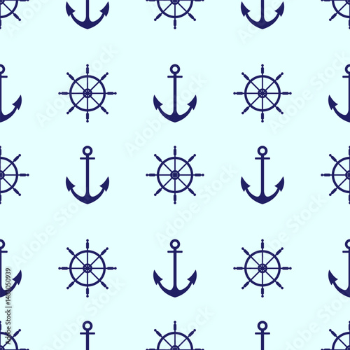 Navy seamless pattern with anchor and steering wheel. Seamless pattern for wallpaper, print, wrapping paper, textile.