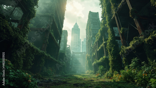 Abandoned cityscape depicting post-apocalyptic world where nature reclaims ruined buildings and structures.