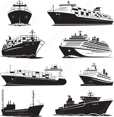 Sailing Ship on Ocean Waves Silhouette

Vintage Pirate Ship Vector Design

Modern Cargo Ship Silhouette Art

Navy Warship at Sea Silhouette Scene

Cruise Ship Under Sunset Vector