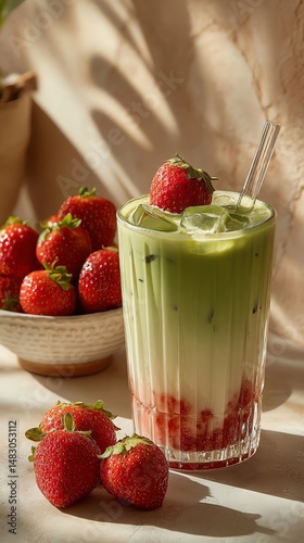 Wallpaper Mural Vibrant photorealistic matcha strawberry iced latte in elegant sculpted glass with fresh strawberries, creamy layers, and warm natural studio light. Torontodigital.ca