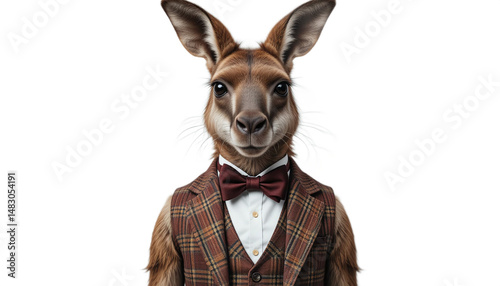Elegant Kangaroo Portrait Dressed in a Stylish Suit and Bow Tie on White