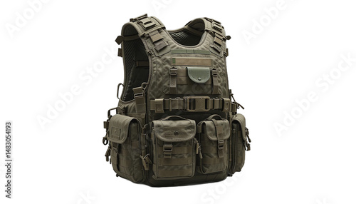 Olive Green Tactical Vest with Pouches on White Background, Ready for Action