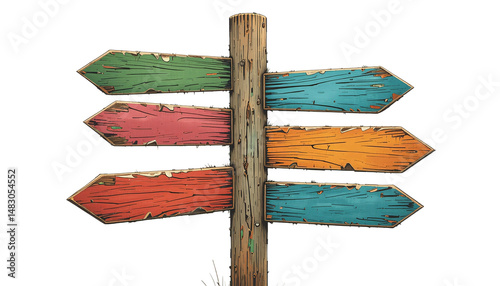 Colorful Wooden Signpost with Multiple Arrows Pointing Different Directions