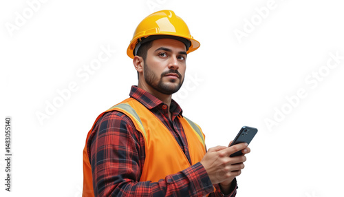 Construction worker using smartphone wearing hardhat and safety vest on white background