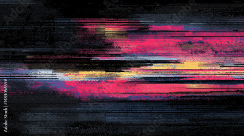 Abstract Glitch Art: A vibrant and dynamic digital art piece featuring horizontal streaks of pink, purple, yellow and black, evoking a sense of motion, energy, and technological disruption.