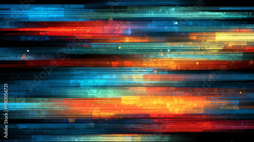 Digital Data Stream: An abstract artwork where streaks of vibrant colors cascade across a dark background. This piece encapsulates movement and modern digital concepts