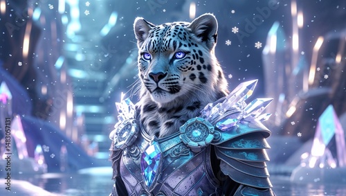 Regal Snow Leopard in Crystal Armor, Futuristic Glacier Realm, Radiant Eyes, Cinematic Fantasy Art