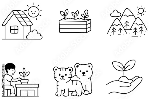 peaceful world environment day scene featuring house, plants, mountains, and animals, showcasing nature beauty