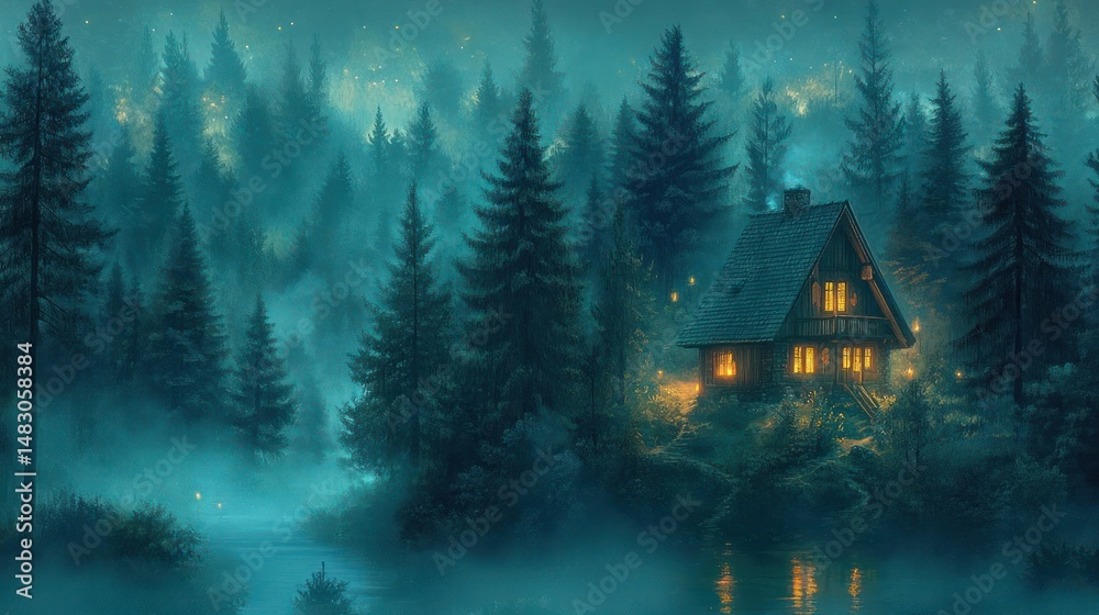 Fototapeta premium A warm cabin glows in a misty, evergreen forest.