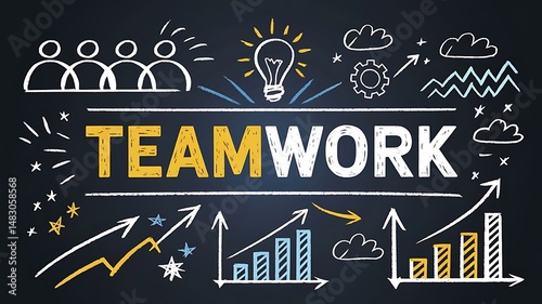 Teamwork chalkboard drawing with figures, lightbulb, gear, graphs, and arrows on a dark background