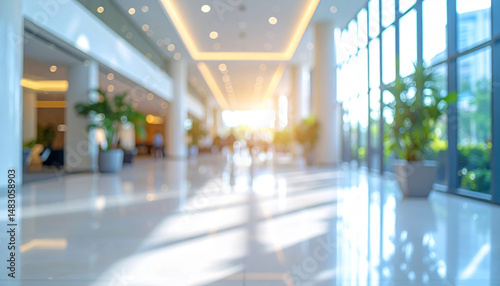 blurred image of Bright office or hotel lobby luxury with contemporary space and large glass windows. and blurred people