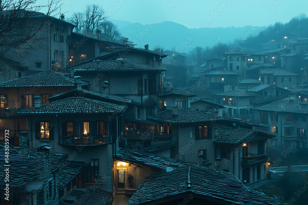 Obraz premium Snowy Hillside Village at Twilight Teal Blue Hues
