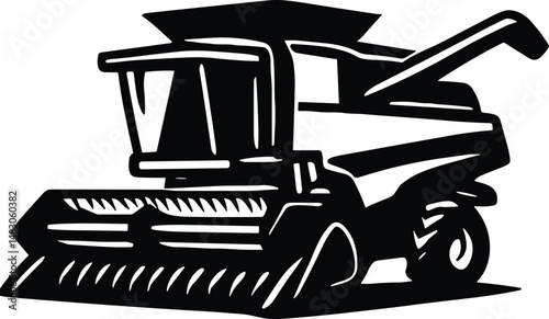 Black and white vector illustration of a combine harvester, showcasing a key piece of agricultural machinery used for harvesting crops efficiently, depicted in a bold, stylized design