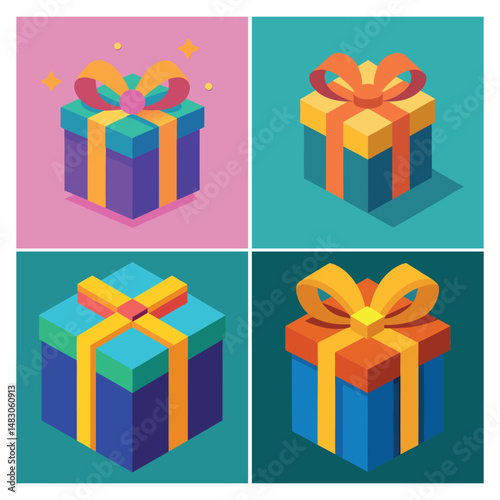 Whimsical Valentine’s Day Gift Boxes with Balloons & Hearts, Creative flat vector gift box illustrations with heart-shaped balloons and flying doves
