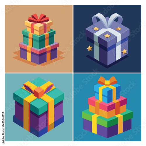 Joyful Isometric Gift Boxes with Vibrant Ribbons, A colorful isometric vector set featuring stacked gift boxes with vibrant ribbons and bows