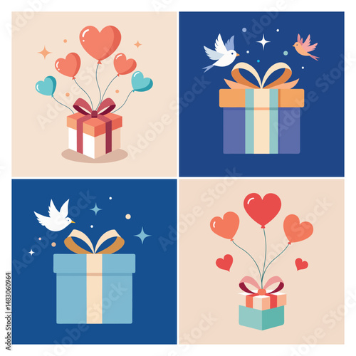 Cute Cartoon Gift Boxes with Smiling Faces & Festive Decorations, Adorable cartoon style vector gift boxes with smiling faces, ribbons, and festive decorations. Perfect for kids