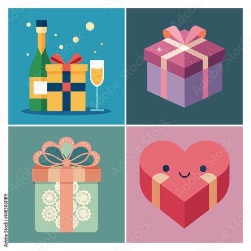 Romantic Love-Themed Gift Boxes with Hearts & Celebration Elements, Vector illustrations of love-themed gift boxes decorated with hearts, arrows, and party elements