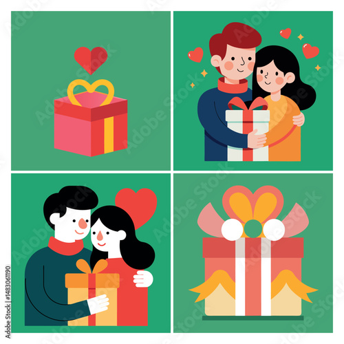Joyful Couple with Gift Box and Love Hearts | Romantic Vector Illustration, A sweet vector illustration of a happy couple holding a gift box surrounded by love hearts