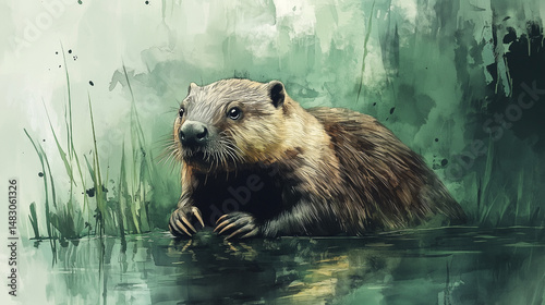 A beaver with fluffy fur is depicted in soft pastel colors against the background of a textured watercolor composition..