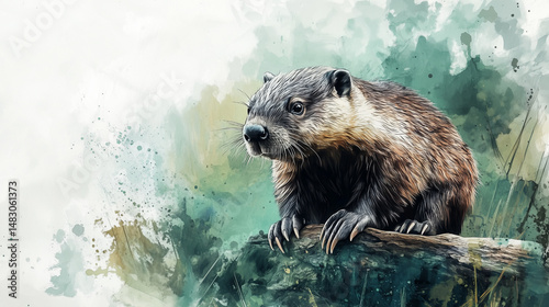 An illustration of a beaver sitting on a log, done in watercolor with expressive brushstrokes and natural tones..