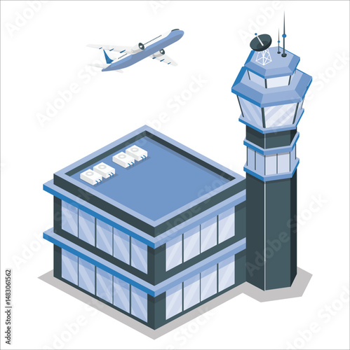 Airport Air Traffic Control Tower Building in Clay Style on a white background. 3D airstrip of the city international airport terminal and the plane transportation and airplane runway, aircraft jet.
