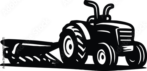 Black and white vector illustration of a tractor attached to a wide farming plow, designed for soil tilling and preparation, highlighting essential agricultural equipment in a clean, detailed style