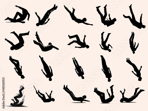 Silhouette of a Person Falling Down Isolated on White Background.