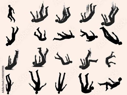 Silhouette of a Person Falling Down Isolated on White Background.