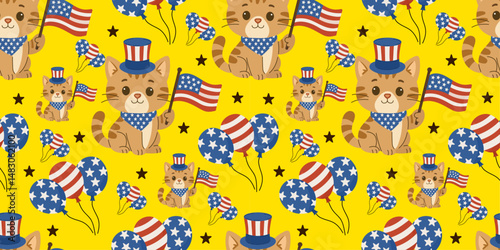 Patriotic 4th of July seamless pattern with cute cats holding American flags and balloons on yellow background, perfect for Independence Day fabric, holiday wrapping paper, party decorations, and USA 
