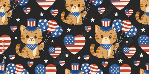 Seamless vector pattern with cute kittens in patriotic hats holding balloons, surrounded by USA flag hearts and stars on a dark background, perfect for American holiday decorations, textile prints