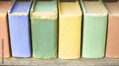 Colorful antique books on a wooden shelf; knowledge, history, literature; education background