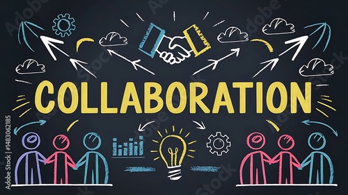 Illustration of collaboration with handshake, people, lightbulb, arrows and other symbols on dark background