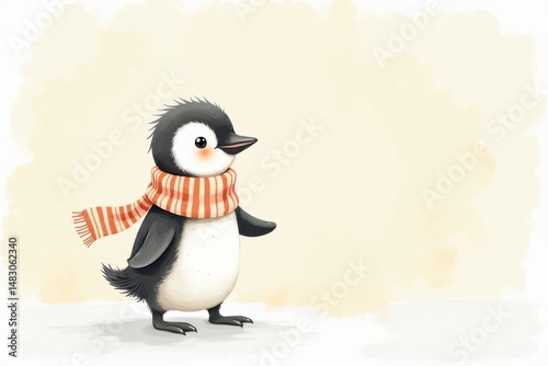 Cute baby penguin wearing a red striped scarf stands against a soft, light background in this charming illustration.